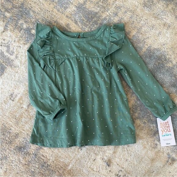 NWT Girl Green Tunic Blouse Dots Size 18 M months Long Tee - Picture 1 of 4